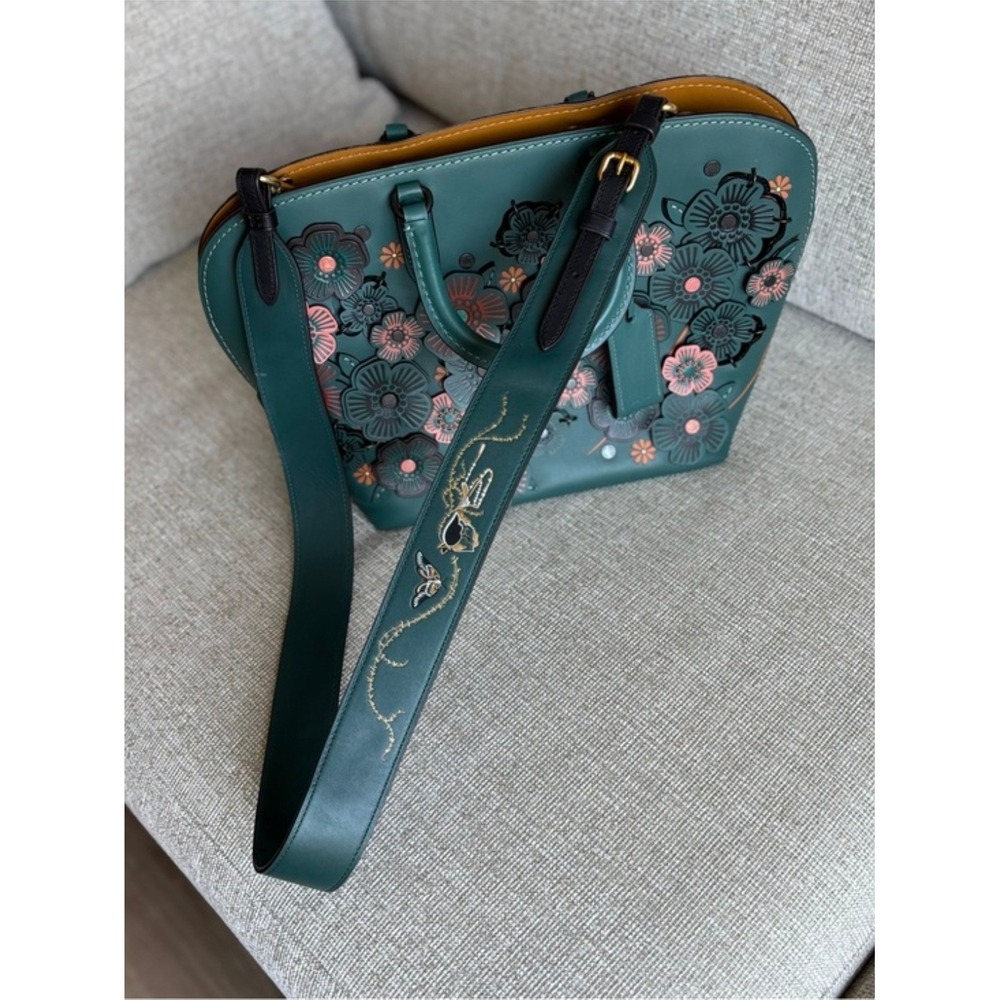 Coach 1941 Rogue 31 Tea Rose Applique Green Leather Satchel Shoulder Bag 58124 - Picture 4 of 5
